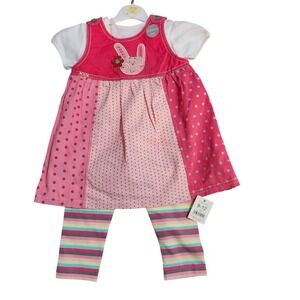 George Baby Girls 3 Piece‎ Set Bunny Dress Leggings 9 12 Months Pink Stripes